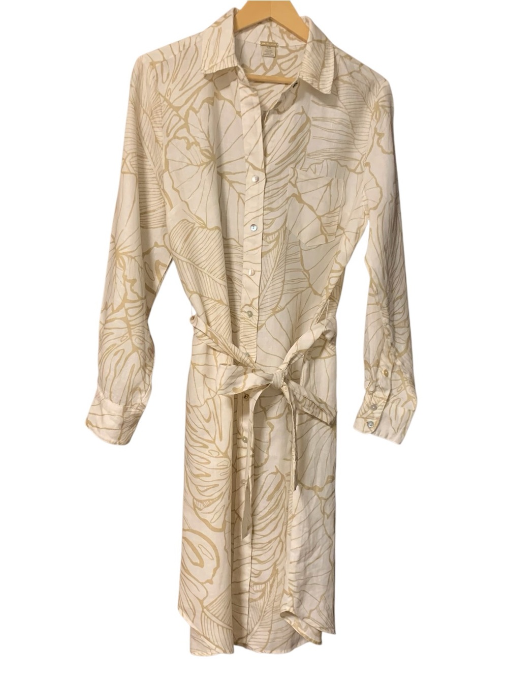 Magaschoni Shirtdress L 100% Linen Long Sleeve Collar White Beige Collared
